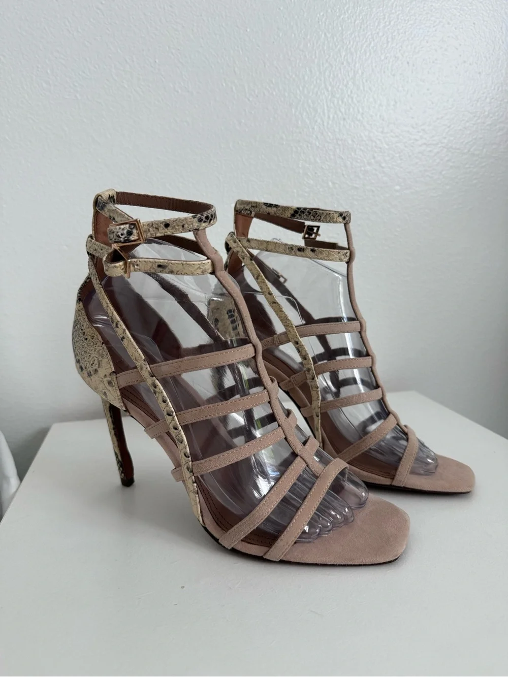 BCBGMaxAzria Nude Taupe Strappy High Heel Sandals with Snake-Print Trim